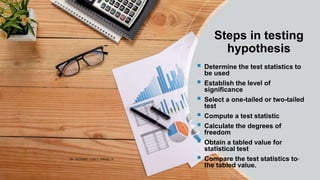 Steps in testing
hypothesis
 Determine the test statistics to
be used
 Establish the level of
significance
 Select a one-tailed or two-tailed
test
 Compute a test statistic
 Calculate the degrees of
freedom
 Obtain a tabled value for
statistical test
 Compare the test statistics to
the tabled value.
BY: ROMMEL LUIS C. ISRAEL III 21
 