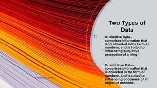 Two Types of
Data
1. Qualitative Data –
comprises information that
isn’t collected in the form of
numbers, and is suited to
influencing subjective
perception of a thing.
2. Quantitative Data –
comprises information that
is collected in the form of
numbers, and is suited to
influencing occurence of an
objective outcome.
BY: ROMMEL LUIS C. ISRAEL III 4
 