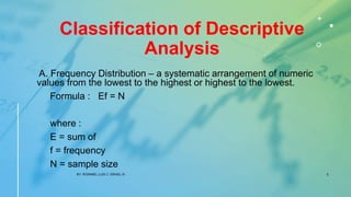 Classification of Descriptive
Analysis
A. Frequency Distribution – a systematic arrangement of numeric
values from the lowest to the highest or highest to the lowest.
Formula : Ef = N
where :
E = sum of
f = frequency
N = sample size
BY: ROMMEL LUIS C. ISRAEL III 9
 