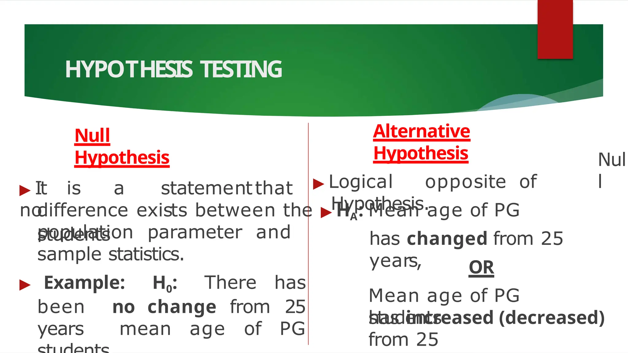 HYPOTHESIS TESTING
Null
Hypothesis
▶ It is a statementthat
no
population parameter and
sample statistics.
▶ Example: H0: There has
been no change from 25
years mean age of PG
Nul
l
Alternative
Hypothesis
▶ Logical opposite of
Hypothesis.
difference exists between the ▶ HA: Mean age of PG
students has changed from 25
years, OR
Mean age of PG
students
has increased (decreased)
from 25
 