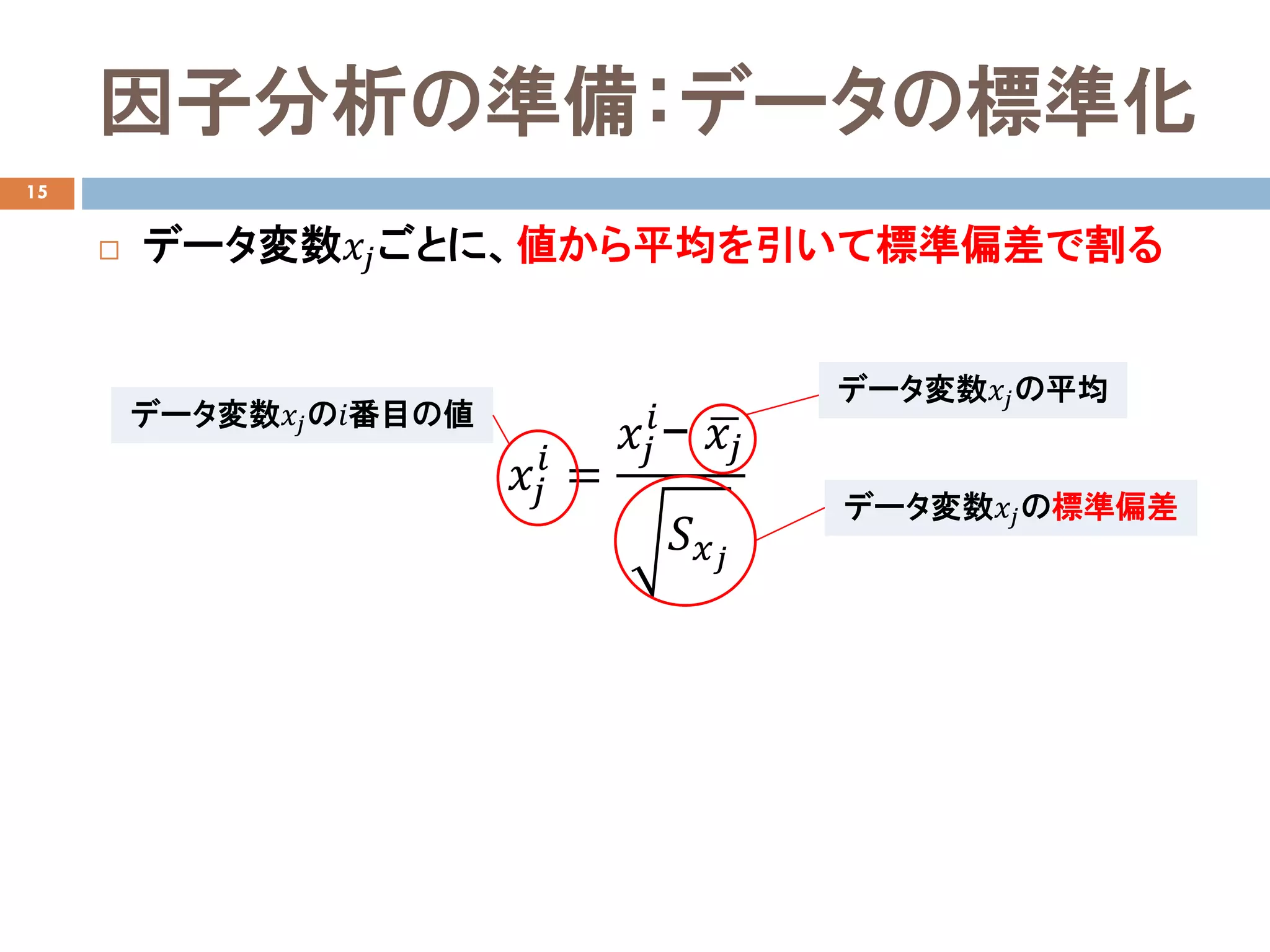 因子分析の準備：データの標準化
15
 データ変数𝑥𝑥𝑗𝑗ごとに、値から平均を引いて標準偏差で割る
𝑥𝑥𝑗𝑗
𝑖𝑖
=
𝑥𝑥𝑗𝑗
𝑖𝑖
− �𝑥𝑥𝑗𝑗
𝑆𝑆𝑥𝑥𝑗𝑗
データ変数𝑥𝑥𝑗𝑗の𝑖𝑖番目の値
データ変数𝑥𝑥𝑗𝑗の標準偏差
データ変数𝑥𝑥𝑗𝑗の平均
 