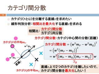 カテゴリ間分散
18
 カテゴリ（PとQ）を分離する直線𝑧𝑧を求めたい
 線形判別分析：相関比を最大化する直線𝑧𝑧を求める
相関比：
カテゴリ間分散
カテゴリ内分散
カテゴリ間分散：カテゴリ中心間の分散（距離）
カテゴリ間分散 = 𝒘𝒘Τ
𝒎𝒎𝑃𝑃 − 𝒘𝒘Τ
𝒎𝒎𝑄𝑄
2
= 𝒘𝒘Τ
𝒎𝒎𝑃𝑃 − 𝒎𝒎𝑄𝑄
2
= 𝒘𝒘Τ 𝒎𝒎𝑃𝑃 − 𝒎𝒎𝑄𝑄 𝒎𝒎𝑃𝑃 − 𝒎𝒎𝑄𝑄
Τ
𝒘𝒘
カテゴリPの平均𝒎𝒎𝑃𝑃
直線𝑧𝑧上で２つのカテゴリを離したいので、
カテゴリ間分散を最大化したい！
𝑆𝑆𝐵𝐵
カテゴリQの平均𝒎𝒎𝑄𝑄
𝒘𝒘Τ 𝒎𝒎𝑃𝑃
𝒘𝒘Τ 𝒎𝒎𝑄𝑄
 