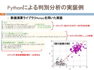 Pythonによる判別分析の実装例
32
 数値演算ライブラリNumpyを用いた実装
ステップ１：各カテゴリのデータの平均の計算
ステップ３：固有値問題を解き、 𝒘𝒘を求める
ステップ２：行列𝑆𝑆𝐵𝐵、𝑆𝑆𝑊𝑊の計算
【実行結果の例】
 