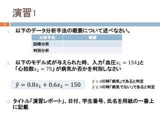 演習1
10
1. 以下のデータ分析手法の概要について述べなさい。
2. 以下のモデル式が与えられた時、 入力「血圧𝑥𝑥1 = 154」と
「心拍数𝑥𝑥2 = 75」 が病気か否かを判別しなさい
 タイトル「演習レポート」、日付、学生番号、氏名を用紙の一番上
に記載
分析手法 概要
回帰分析
判別分析
�𝑦𝑦 = 0.8𝑥𝑥1 + 0.6𝑥𝑥2 − 150
�𝑦𝑦 > 0の時「病気」であると判定
�𝑦𝑦 ≤ 0の時「病気でない」であると判定
 