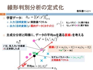 線形判別分析の定式化
13
 学習データ：
 入力（説明変数）𝒙𝒙：実数値ベクトル
 出力（目的変数）𝑦𝑦：質的データ（カテゴリ）
 主成分分析と同様に、データの平均𝐦𝐦を通る直線𝑧𝑧を考える
𝐷𝐷𝑡𝑡𝑡𝑡 = 𝒙𝒙𝑖𝑖, 𝑦𝑦𝑖𝑖
𝑖𝑖=1
𝑁𝑁
𝑜𝑜 𝑥𝑥1
𝑥𝑥2
教科書P142～
直線𝑧𝑧：�𝑦𝑦 = 𝑤𝑤1 𝑥𝑥1 − 𝑥𝑥1 + 𝑤𝑤2 𝑥𝑥2 − 𝑥𝑥2
=𝒘𝒘Τ
𝒙𝒙 − 𝐦𝐦
𝒙𝒙𝑖𝑖 = 𝑥𝑥1
𝑖𝑖
, 𝑥𝑥2
𝑖𝑖 Τ
�𝑦𝑦𝑖𝑖
モデルパラメータ𝒘𝒘 = (𝑤𝑤1, 𝑤𝑤2)Τ：
正規基底ベクトル
�𝑦𝑦𝑖𝑖は、各入力𝒙𝒙𝑖𝑖を直線
𝑧𝑧に正射影した点
平均𝐦𝐦: = 𝑥𝑥1, 𝑥𝑥2
Τ
𝒘𝒘
𝑦𝑦𝑖𝑖
= �
1 もし𝒙𝒙𝑖𝑖
が𝑄𝑄（ × ）に属す場合
−1 もし𝒙𝒙𝑖𝑖
が𝑃𝑃（●）に属す場合
 