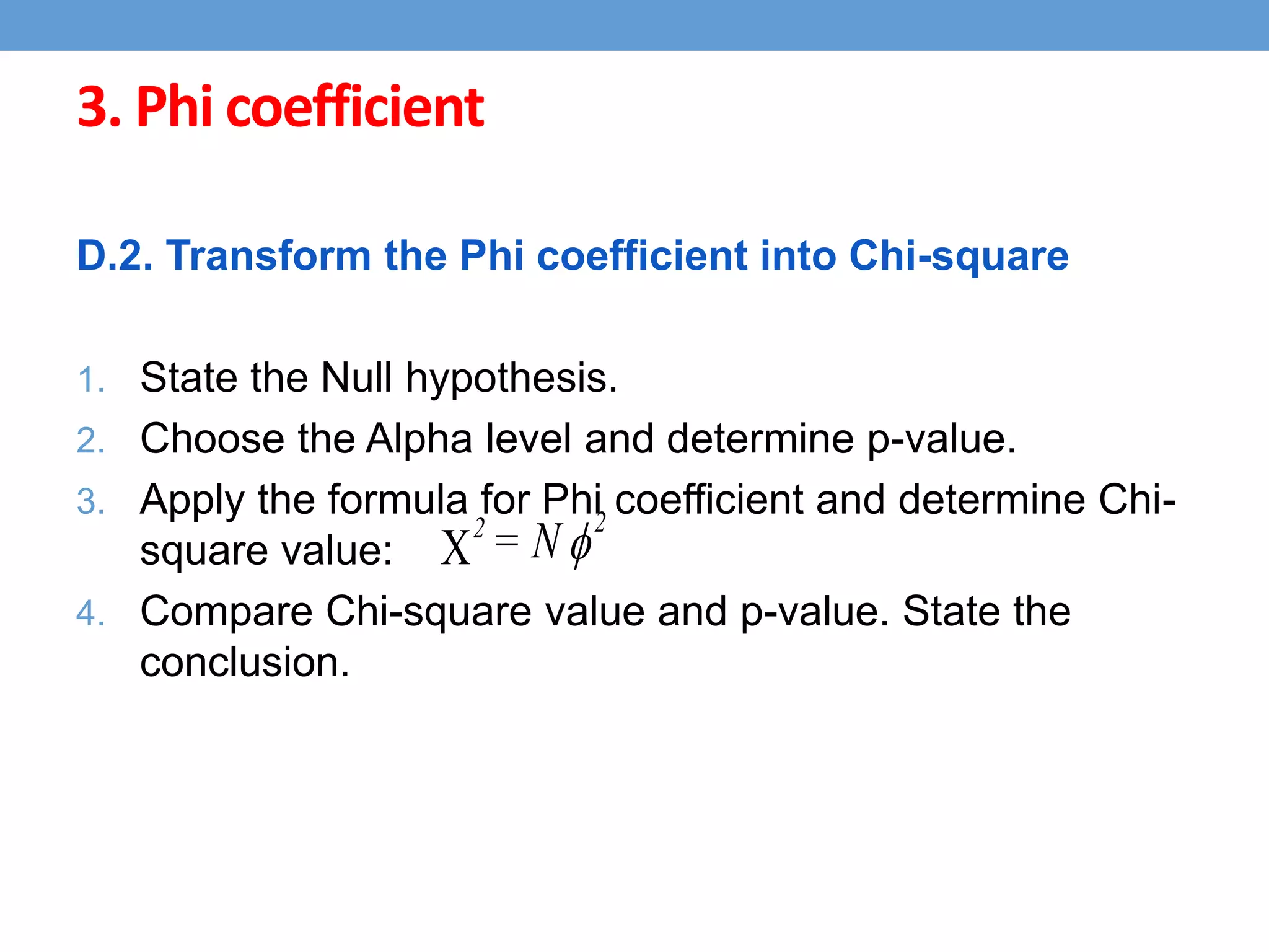3. Phi coefficient
D.2. Transform the Phi coefficient into Chi-square
1. State the Null hypothesis.
2. Choose the Alpha level and determine p-value.
3. Apply the formula for Phi coefficient and determine Chi-
square value:
4. Compare Chi-square value and p-value. State the
conclusion.

22
N=
 