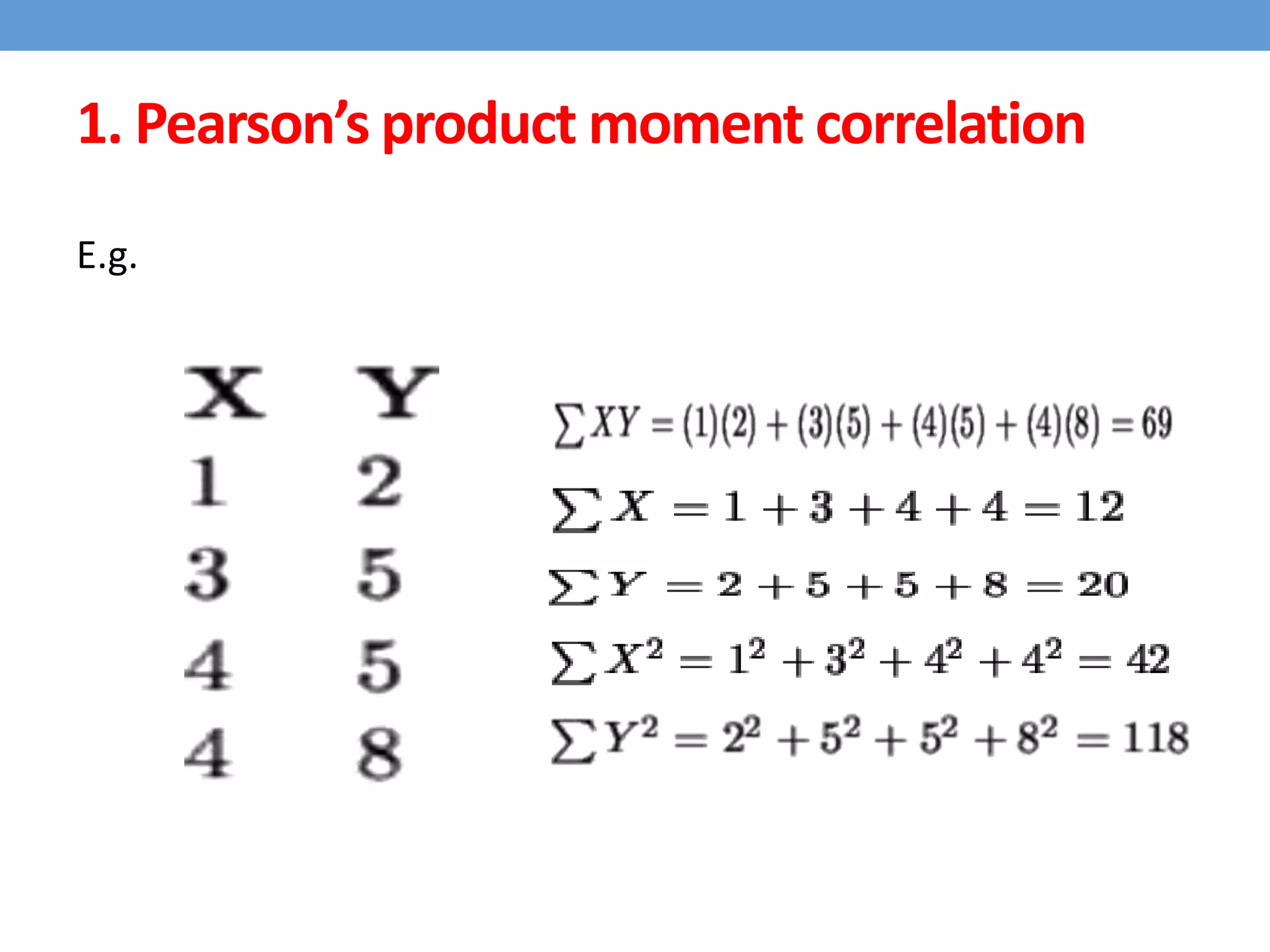 1. Pearson’s product moment correlation
E.g.
 