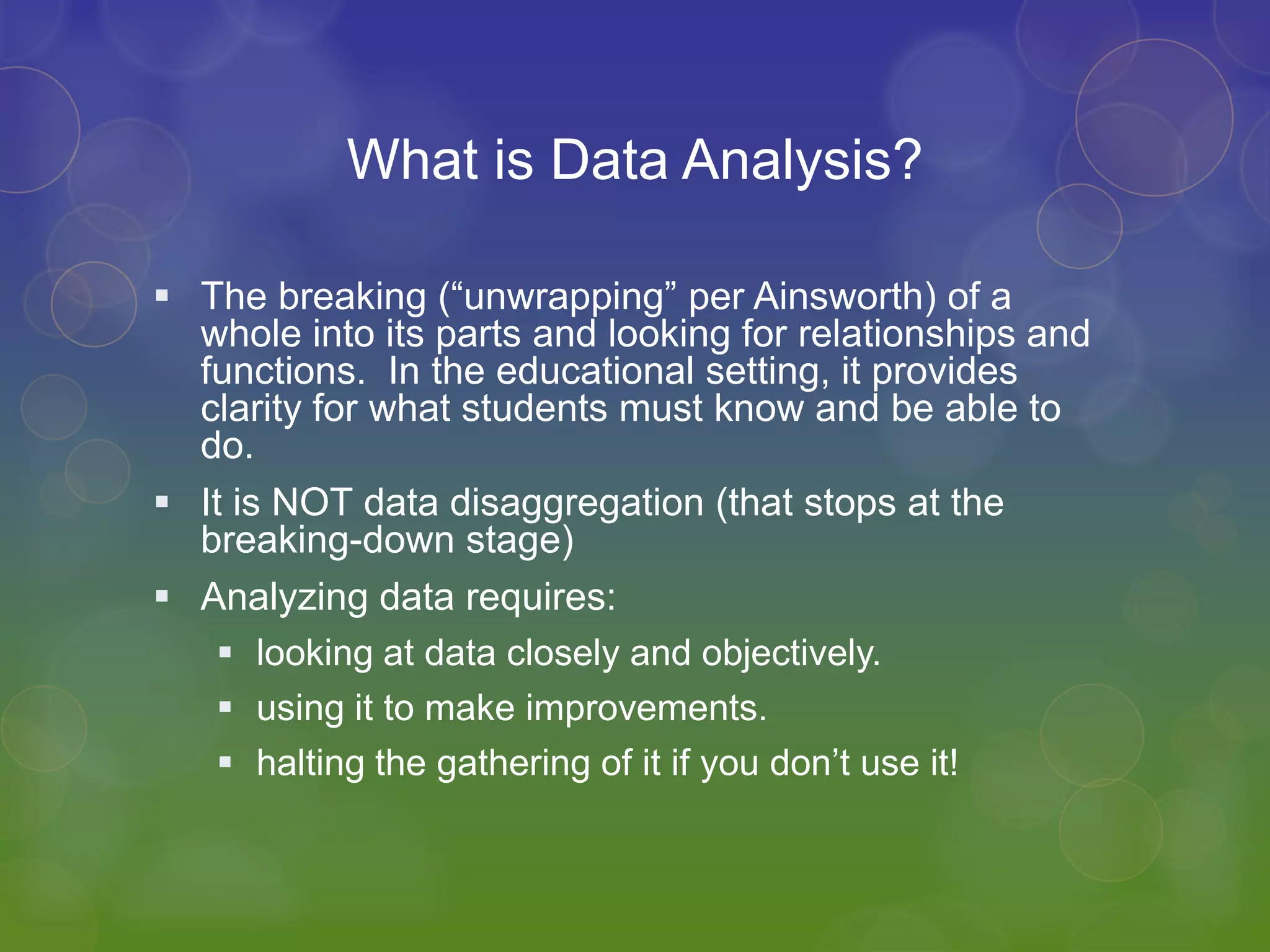 Return from breakGoalsAt the end of this session, participants will:Have knowledge of the process of data analysisBe able to use HIVE site to analyze student performance dataHave templates to use to perform item trend analysesBe able to serve as a resource of information to other educatorsHave developed a plan for taking the knowledge back to colleagues
