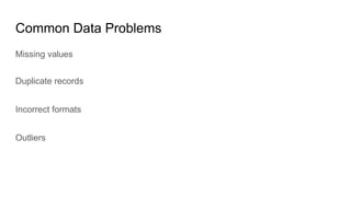 Common Data Problems
Missing values
Duplicate records
Incorrect formats
Outliers
 