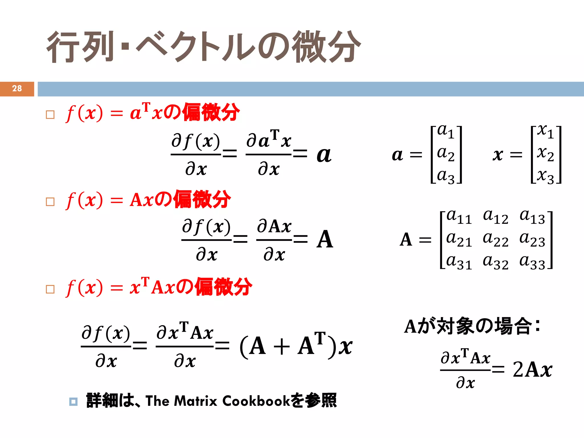行列・ベクトルの微分
28
 𝑓𝑓 𝒙𝒙 = 𝒂𝒂𝚻𝚻 𝒙𝒙の偏微分
 𝑓𝑓 𝒙𝒙 = 𝐀𝐀𝒙𝒙の偏微分
 𝑓𝑓 𝒙𝒙 = 𝒙𝒙𝚻𝚻
𝐀𝐀𝒙𝒙の偏微分
 詳細は、The Matrix Cookbookを参照
𝒂𝒂 =
𝑎𝑎1
𝑎𝑎2
𝑎𝑎3
𝜕𝜕𝑓𝑓(𝒙𝒙)
𝜕𝜕𝒙𝒙
=
𝜕𝜕𝒂𝒂𝚻𝚻 𝒙𝒙
𝜕𝜕𝒙𝒙
= 𝒂𝒂
𝜕𝜕𝑓𝑓(𝒙𝒙)
𝜕𝜕𝒙𝒙
=
𝜕𝜕𝐀𝐀𝒙𝒙
𝜕𝜕𝒙𝒙
= 𝐀𝐀 𝐀𝐀 =
𝑎𝑎11
𝑎𝑎21
𝑎𝑎31
𝑎𝑎12
𝑎𝑎22
𝑎𝑎32
𝑎𝑎13
𝑎𝑎23
𝑎𝑎33
𝒙𝒙 =
𝑥𝑥1
𝑥𝑥2
𝑥𝑥3
𝜕𝜕𝑓𝑓(𝒙𝒙)
𝜕𝜕𝒙𝒙
=
𝜕𝜕𝒙𝒙𝚻𝚻 𝐀𝐀𝒙𝒙
𝜕𝜕𝒙𝒙
= (𝐀𝐀 + 𝐀𝐀𝚻𝚻
)𝒙𝒙
𝐀𝐀が対象の場合：
𝜕𝜕𝒙𝒙𝚻𝚻 𝐀𝐀𝒙𝒙
𝜕𝜕𝒙𝒙
= 2𝐀𝐀𝒙𝒙
 