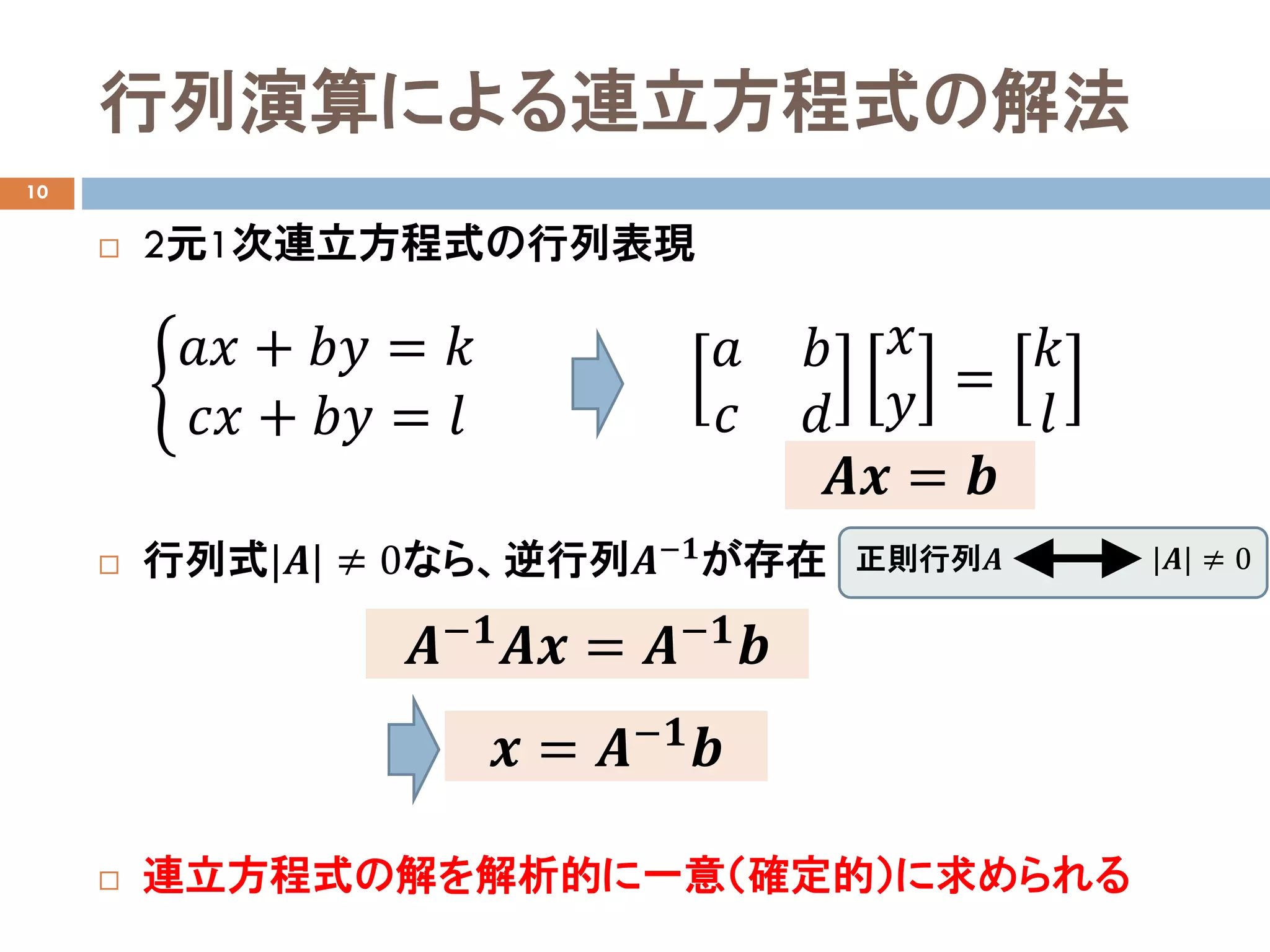 行列演算による連立方程式の解法
10
 2元1次連立方程式の行列表現
 行列式|𝑨𝑨| ≠ 0なら、逆行列𝑨𝑨−𝟏𝟏
が存在
 連立方程式の解を解析的に一意（確定的）に求められる
�
𝑎𝑎𝑎𝑎 + 𝑏𝑏𝑏𝑏 = 𝑘𝑘
𝑐𝑐𝑥𝑥 + 𝑏𝑏𝑏𝑏 = 𝑙𝑙
𝑎𝑎 𝑏𝑏
𝑐𝑐 𝑑𝑑
𝑥𝑥
𝑦𝑦 =
𝑘𝑘
𝑙𝑙
𝑨𝑨𝑨𝑨 = 𝒃𝒃
𝑨𝑨−𝟏𝟏
𝑨𝑨𝑨𝑨 = 𝑨𝑨−𝟏𝟏
𝒃𝒃
𝒙𝒙 = 𝑨𝑨−𝟏𝟏
𝒃𝒃
正則行列𝑨𝑨 |𝑨𝑨| ≠ 0
 