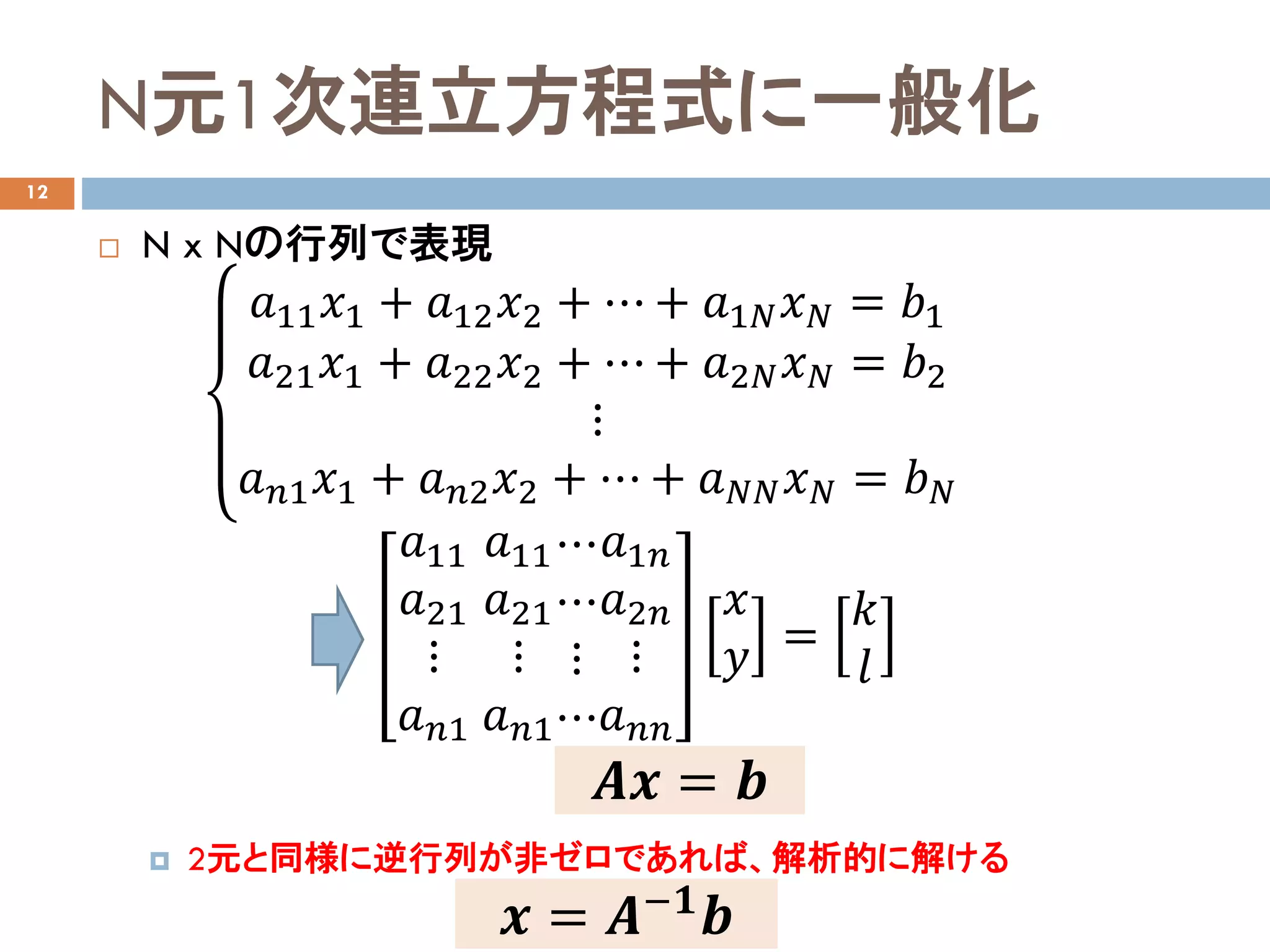N元1次連立方程式に一般化
12
 N x Nの行列で表現
 2元と同様に逆行列が非ゼロであれば、解析的に解ける
𝑎𝑎11 𝑥𝑥1 + 𝑎𝑎12 𝑥𝑥2 + ⋯ + 𝑎𝑎1𝑁𝑁 𝑥𝑥𝑁𝑁 = 𝑏𝑏1
𝑎𝑎21 𝑥𝑥1 + 𝑎𝑎22 𝑥𝑥2 + ⋯ + 𝑎𝑎2𝑁𝑁 𝑥𝑥𝑁𝑁 = 𝑏𝑏2
⋮
𝑎𝑎𝑛𝑛1 𝑥𝑥1 + 𝑎𝑎𝑛𝑛2 𝑥𝑥2 + ⋯ + 𝑎𝑎𝑁𝑁𝑁𝑁 𝑥𝑥𝑁𝑁 = 𝑏𝑏𝑁𝑁
𝑎𝑎11
𝑎𝑎21
⋮
𝑎𝑎𝑛𝑛𝑛
𝑎𝑎11
𝑎𝑎21
⋮
𝑎𝑎𝑛𝑛𝑛
⋯
⋯
⋮
⋯
𝑎𝑎1𝑛𝑛
𝑎𝑎2𝑛𝑛
⋮
𝑎𝑎𝑛𝑛𝑛𝑛
𝑥𝑥
𝑦𝑦 =
𝑘𝑘
𝑙𝑙
𝑨𝑨𝑨𝑨 = 𝒃𝒃
𝒙𝒙 = 𝑨𝑨−𝟏𝟏
𝒃𝒃
 