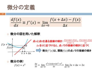 ΢֤ζx
17
? ΢֤·ä
? ΢֤
????(??)
????
 ??
?? = lim
???0
?? ?? + ??? ? ??(??)
???
??(??)
?? ?? + ???
??(?? + ???)
AȵBֱͨ΃A
?? ??+??? ???(??)
??+??????
=
?? ??+??? ???(??)
???
???0˽Ťȡ??ǤνӾ΃A˽Ť
??
??
΢?? ?? ϡv?? ?? ε??ǤνӾ΃A
?? ?? = ??2 ????
????
= lim
???0
??2+2?????+???2???2
???
= lim
???0
2?? + ??? = 2??
 