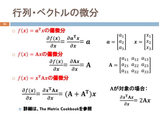 ?٥ȥ΢
28
? ?? ?? = ???? ??ƫ΢
? ?? ?? = ????ƫ΢
? ?? ?? = ????
????ƫ΢
? ԔϡThe Matrix Cookbook
?? =
??1
??2
??3
????(??)
????
=
?????? ??
????
= ??
????(??)
????
=
??????
????
= ?? ?? =
??11
??21
??31
??12
??22
??32
??13
??23
??33
?? =
??1
??2
??3
????(??)
????
=
?????? ????
????
= (?? + ????
)??
??Έϣ
?????? ????
????
= 2????
 
