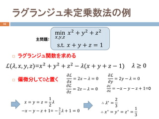 饰󥸥δ\
33
? 饰󥸥v
? ƫ΢֤0ä
min
??,??,??
??2 + ??2 + ??2
s.t. ?? + ?? + ?? = 1
?(??, ??, ??, ??)=??2 + ??2 + ??2 ? ??(?? + ?? + ?? ? 1) ??  0
???
????
= 2?? ? ?? = 0
???
????
= 2?? ? ?? = 0
}
???
????
= 2?? ? ?? = 0
??? ? ?? ? ?? + 1= ?
3
2
?? + 1 = 0
???
????
= ??? ? ?? ? ?? + 1=0
?? = ?? = ?? =
1
2
??  ??? =
2
3
 ???
= ???
= ???
=
1
3
 