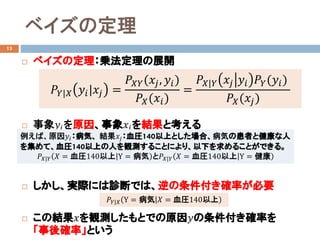 ベイズの定理
13
 ベイズの定理：乗法定理の展開
 事象𝑦𝑦𝑖𝑖を原因、事象𝑥𝑥𝑗𝑗を結果と考える
 しかし、実際には診断では、逆の条件付き確率が必要
 この結果𝑥𝑥を観測したもとでの原因𝑦𝑦の条件付き確率を
「事後確率」という
𝑃𝑃𝑌𝑌|𝑋𝑋 𝑦𝑦𝑖𝑖|𝑥𝑥𝑗𝑗 =
𝑃𝑃𝑋𝑋𝑋𝑋(𝑥𝑥𝑗𝑗, 𝑦𝑦𝑖𝑖)
𝑃𝑃𝑋𝑋(𝑥𝑥𝑖𝑖)
=
𝑃𝑃𝑋𝑋|𝑌𝑌 𝑥𝑥𝑗𝑗 𝑦𝑦𝑖𝑖 𝑃𝑃𝑌𝑌(𝑦𝑦𝑖𝑖)
𝑃𝑃𝑋𝑋(𝑥𝑥𝑗𝑗)
例えば、原因𝑦𝑦𝑖𝑖：病気、 結果𝑥𝑥𝑗𝑗：血圧140以上とした場合、病気の患者と健康な人
を集めて、血圧140以上の人を観測することにより、以下を求めることができる。
𝑃𝑃𝑋𝑋|𝑌𝑌 𝑋𝑋 = 血圧140以上 Y = 病気 と𝑃𝑃𝑋𝑋|𝑌𝑌 𝑋𝑋 = 血圧140以上 Y = 健康
𝑃𝑃𝑌𝑌|𝑋𝑋 Y = 病気 𝑋𝑋 = 血圧140以上
 