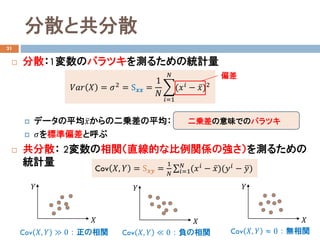 分散と共分散
31
 分散：1変数のバラツキを測るための統計量
 データの平均 ̅𝑥𝑥からの二乗差の平均：
 𝜎𝜎を標準偏差と呼ぶ
 共分散： 2変数の相関（直線的な比例関係の強さ）を測るための
統計量
𝑉𝑉𝑉𝑉𝑉𝑉 𝑋𝑋 = 𝜎𝜎2 = S𝒙𝒙𝒙𝒙 =
1
𝑁𝑁
�
𝑖𝑖=1
𝑁𝑁
(𝑥𝑥𝑖𝑖 − ̅𝑥𝑥)2
二乗差の意味でのバラツキ
Cov 𝑋𝑋, 𝑌𝑌 = S𝒙𝒙𝒙𝒙 =
1
𝑁𝑁
∑𝑖𝑖=1
𝑁𝑁
(𝑥𝑥𝑖𝑖
− ̅𝑥𝑥)(𝑦𝑦𝑖𝑖
− �𝑦𝑦)
𝑋𝑋
𝑌𝑌
Cov 𝑋𝑋, 𝑌𝑌 ≫ 0：正の相関
𝑋𝑋
𝑌𝑌
Cov 𝑋𝑋, 𝑌𝑌 ≪ 0：負の相関
𝑋𝑋
𝑌𝑌
Cov 𝑋𝑋, 𝑌𝑌 ≈ 0：無相関
偏差
 