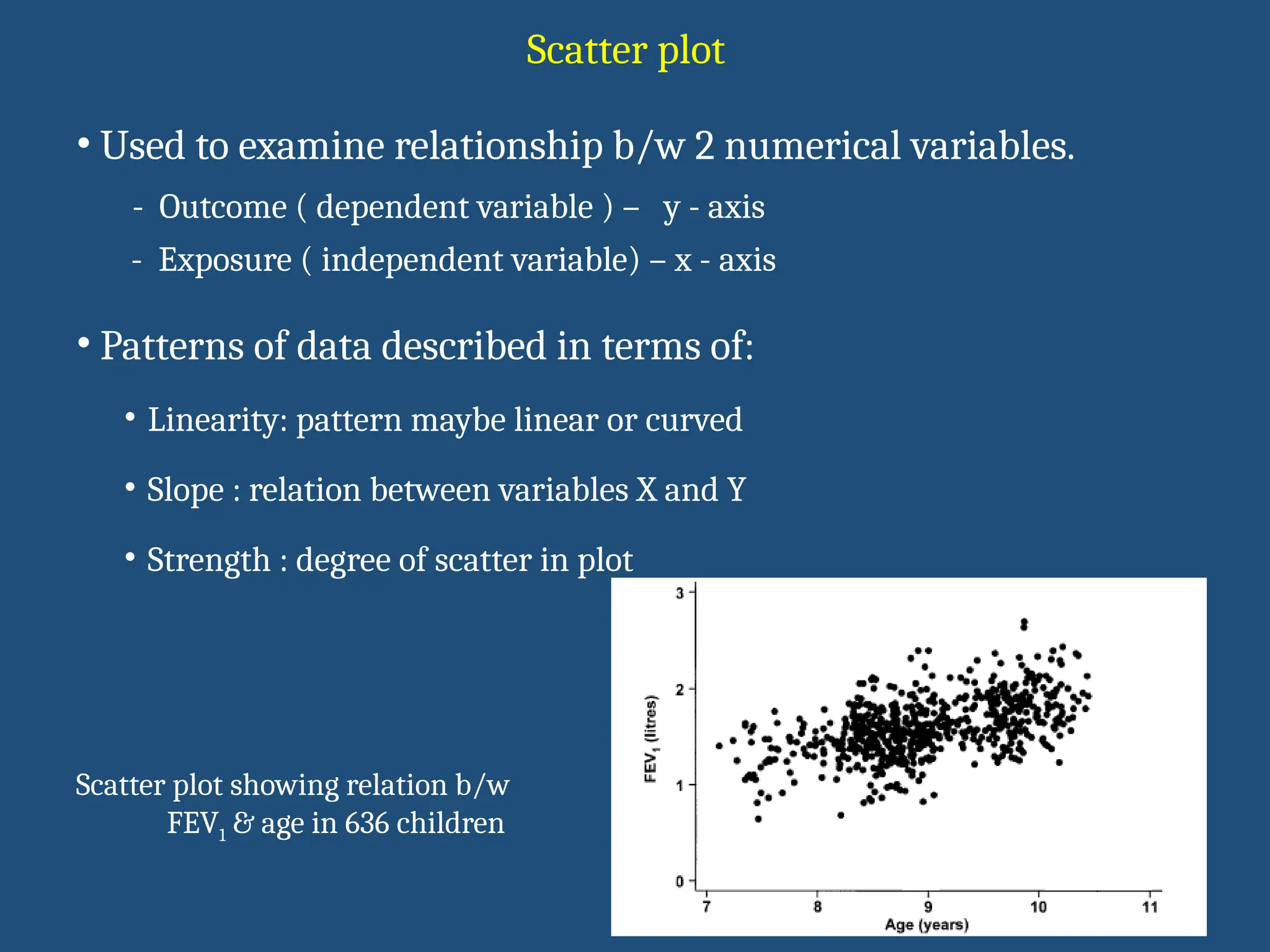 Scatter plot
Scatter plot showing relation b/w
FEV1 & age in 636 children
• Used to examine relationship b/w 2 numerical variables.
- Outcome ( dependent variable ) – y - axis
- Exposure ( independent variable) – x - axis
• Patterns of data described in terms of:
• Linearity: pattern maybe linear or curved
• Slope : relation between variables X and Y
• Strength : degree of scatter in plot
 