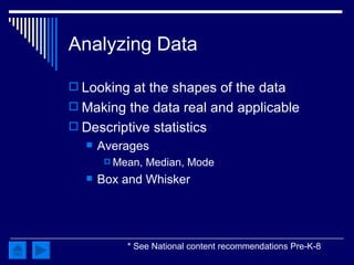 Analyzing Data Looking at the shapes of the data Making the data real and applicable Descriptive statistics Averages Mean, Median, Mode Box and Whisker * See National content recommendations Pre-K-8 
