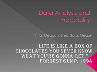 Data Analysis and Probability   Irina, Meagan, Brea, Sara, Megan “Life is Like a box of chocolates-you never know what you’re gonna get.”  -Forrest Gump, 1994 