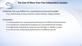 The Case of More Than Two Independent Samples
 Method: One-way ANOVA for a quantitative (numerical) variable
 E.g., Overall Liking, Purchase Intention, Product Attribute, Imagery attribute
 Examples:
 In a blind product test, comparing the performances of 3 different facial moisturizer
 In a concept test, comparing the acceptance of 5 new powdered milk concepts
 In a U&A study, comparing the responses from SES Upper vs. Middle vs. Lower
 In a TVC pre-test, comparing the performances of 3 different new ads
32
 