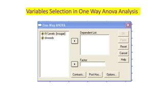 Variables Selection in One Way Anova Analysis
 