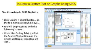Test Procedure in SPSS Statistics
• Click Graphs > Chart Builder... on
the top menu as shown below: ...
• You will be presented with the
following screen: ...
• Under the Gallery Tab ( ), select
the Scatter/Dot option and the
simple scatterplot icon (top-left
icon).
To Draw a Scatter Plot or Graphs Using SPSS
 