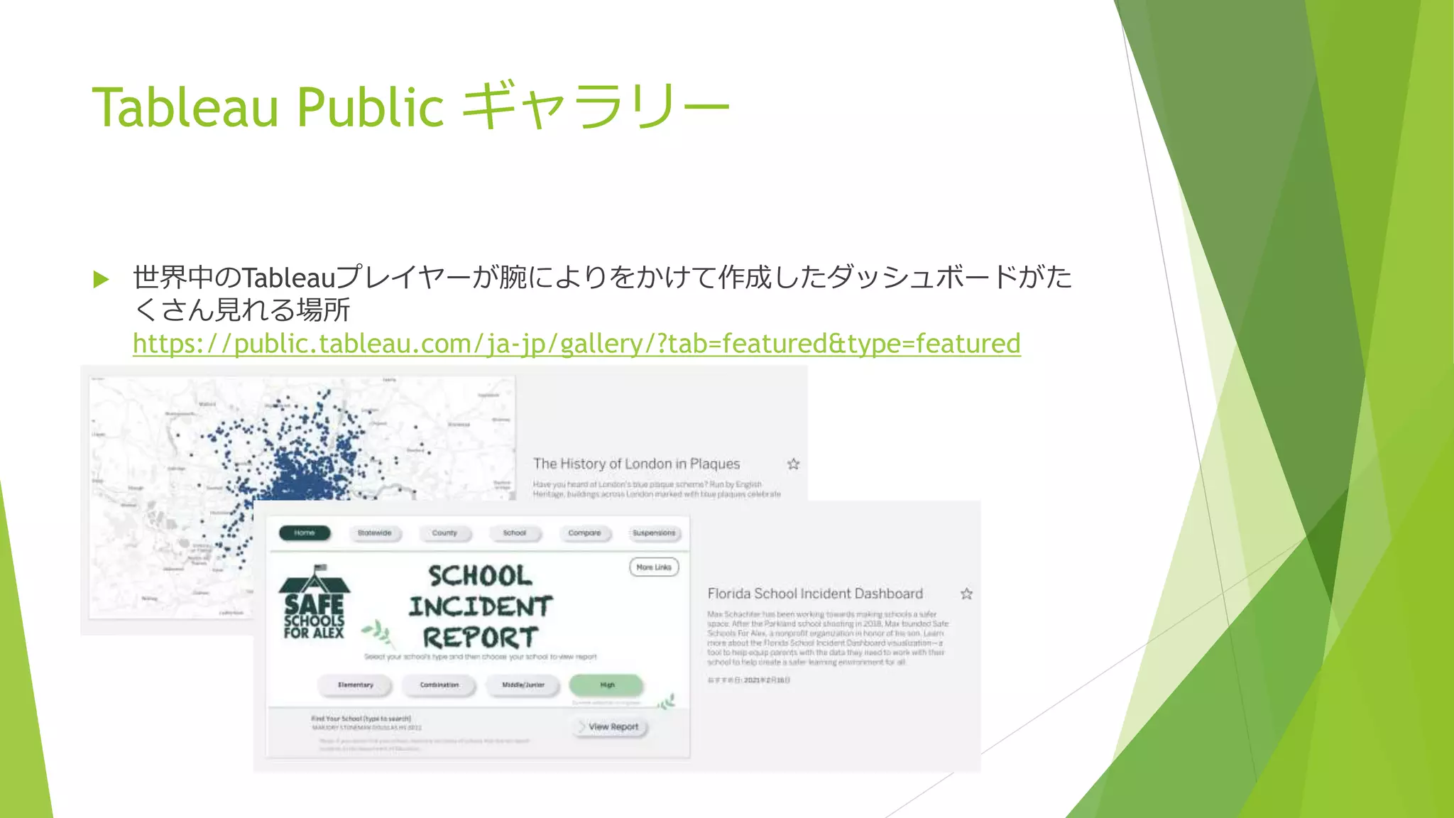 Tableau Public ギャラリー
 世界中のTableauプレイヤーが腕によりをかけて作成したダッシュボードがた
くさん見れる場所
https://public.tableau.com/ja-jp/gallery/?tab=featured&type=featured
 