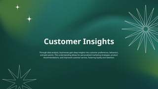 Customer Insights
Through data analysis, businesses gain deep insights into customer preferences, behaviors,
and pain points. This understanding allows for personalized marketing strategies, product
recommendations, and improved customer service, fostering loyalty and retention.
 