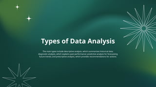 Types of Data Analysis
The main types include descriptive analysis, which summarizes historical data;
diagnostic analysis, which explains past performance; predictive analysis for forecasting
future trends; and prescriptive analysis, which provides recommendations for actions.
 