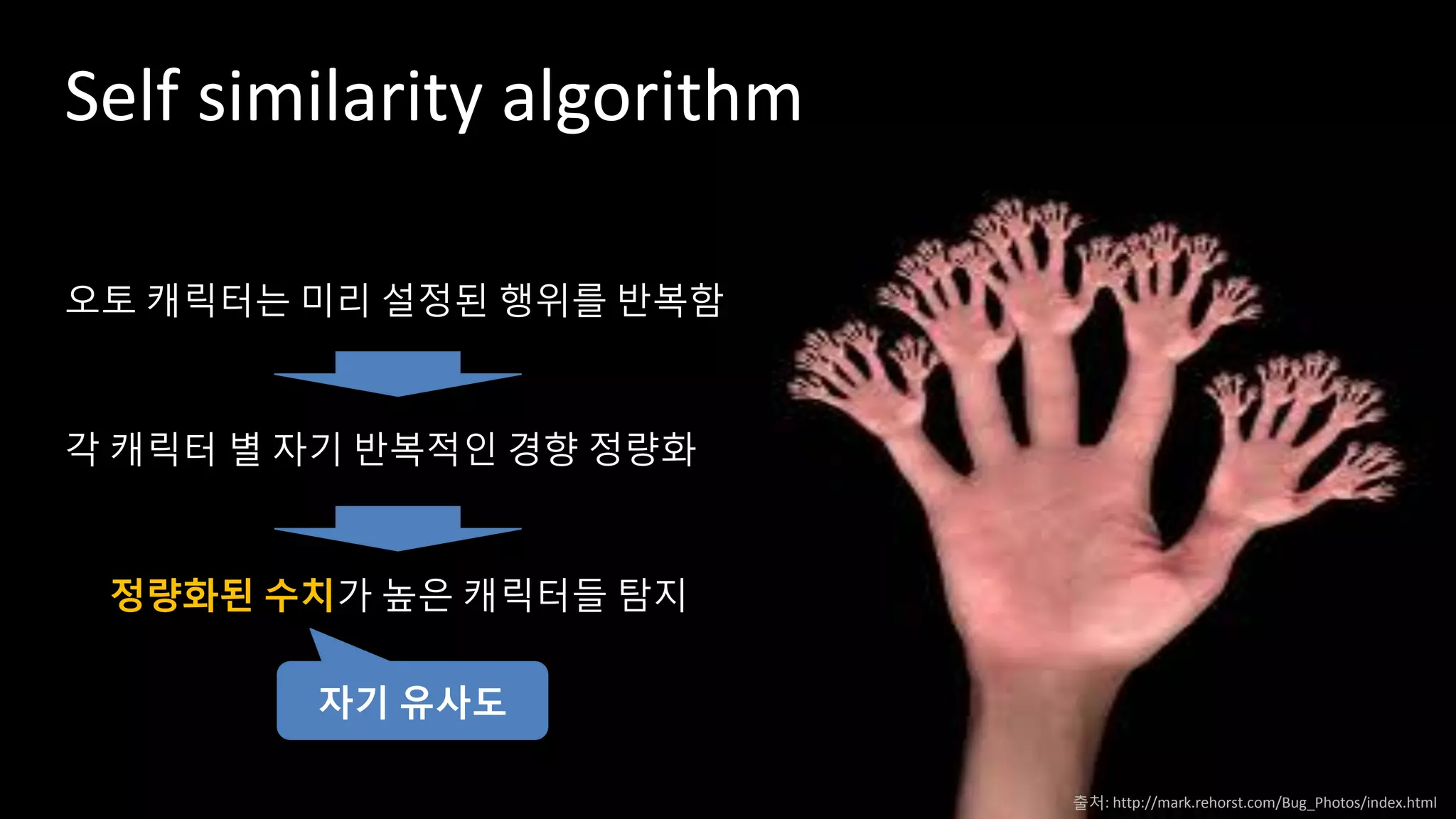 Self similarity algorithm
각 캐릭터 별 자기 반복적인 경향 정량화
오토 캐릭터는 미리 설정된 행위를 반복함
정량화된 수치가 높은 캐릭터들 탐지
자기 유사도
출처: http://mark.rehorst.com/Bug_Photos/index.html
 