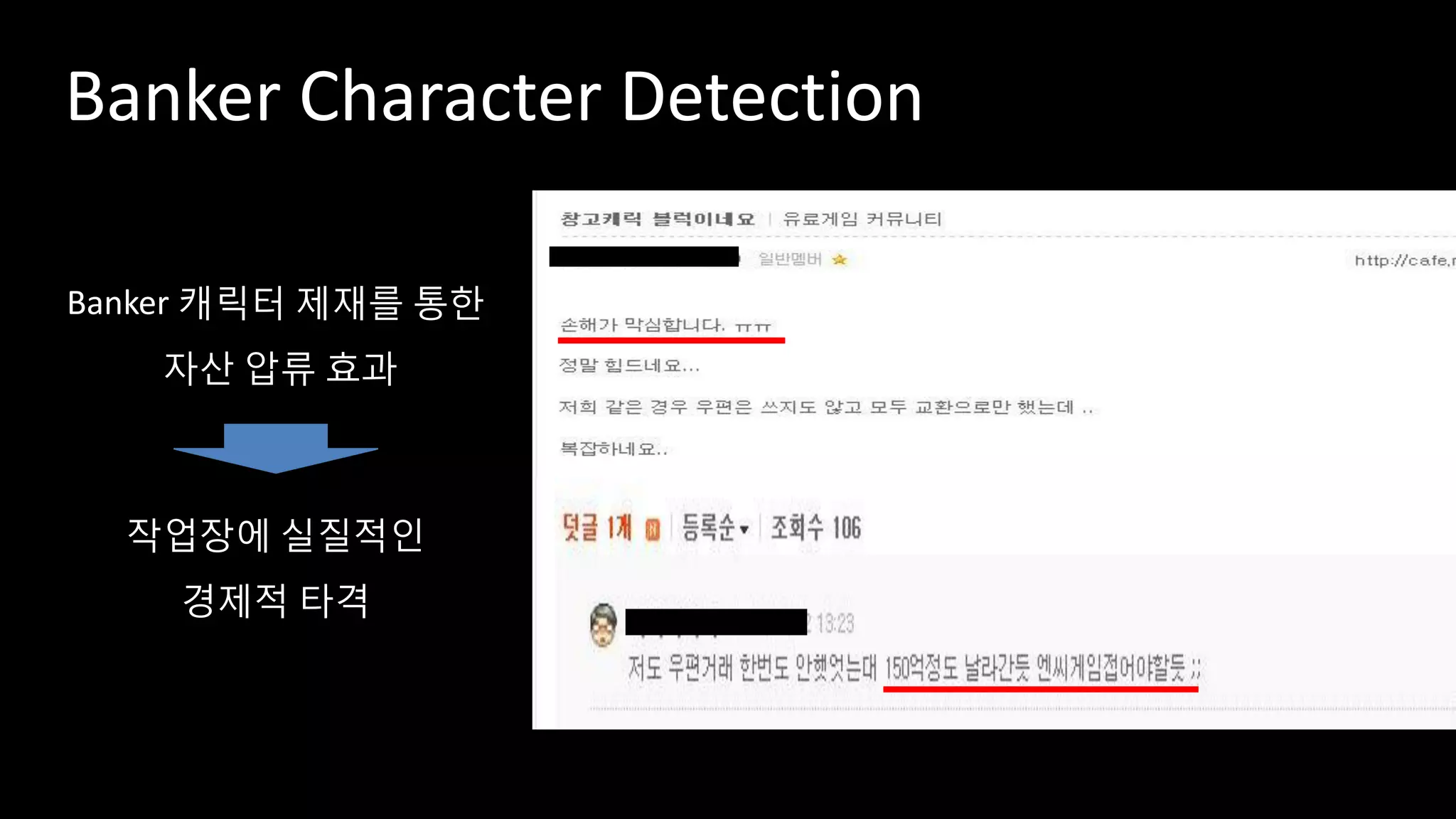 Banker Character Detection
Banker 캐릭터 제재를 통한
자산 압류 효과
작업장에 실질적인
경제적 타격
 