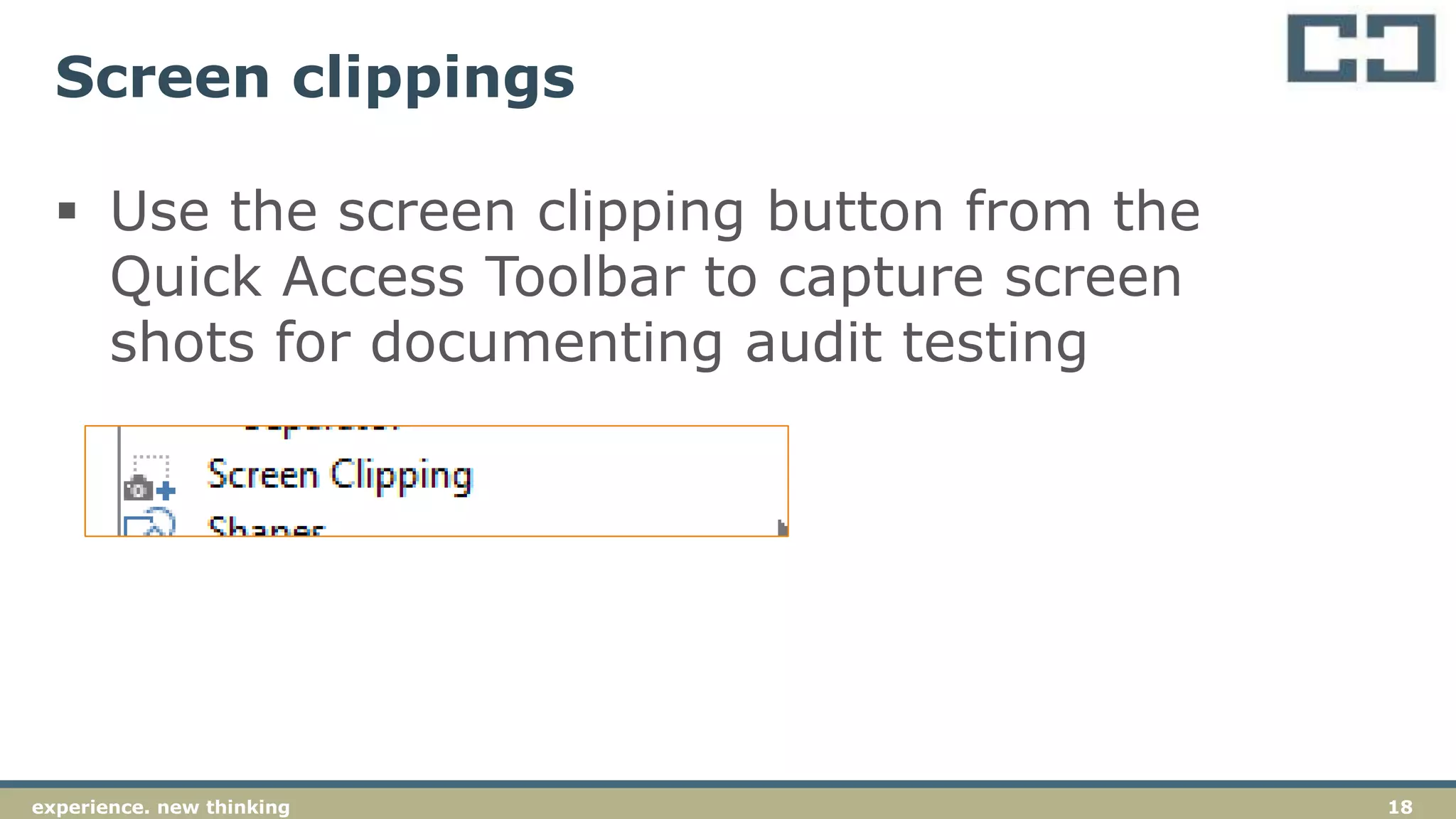 18experience. new thinking
Screen clippings
 Use the screen clipping button from the
Quick Access Toolbar to capture screen
shots for documenting audit testing
 