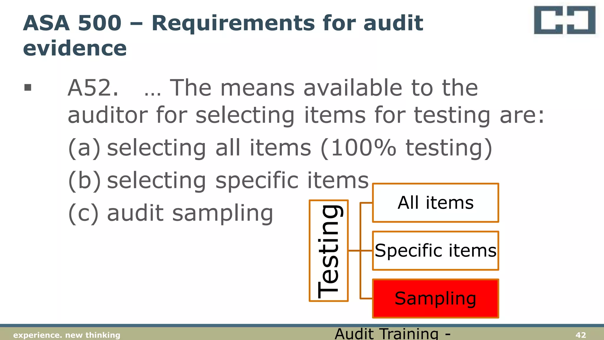 42experience. new thinking
ASA 500 – Requirements for audit
evidence
 A52. … The means available to the
auditor for selecting items for testing are:
(a) selecting all items (100% testing)
(b) selecting specific items
(c) audit sampling
Testing
All items
Specific items
Sampling
Audit Training -
 