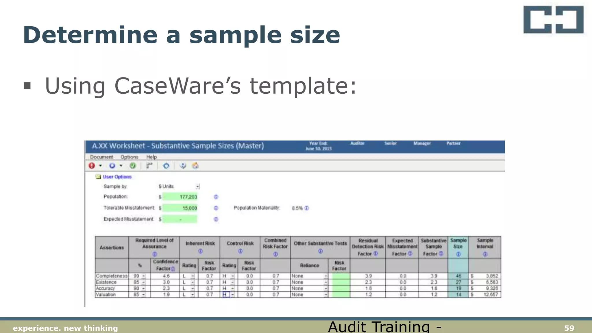 59experience. new thinking
Determine a sample size
 Using CaseWare’s template:
Audit Training -
 