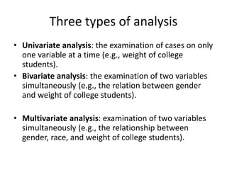 Three types of analysis
• Univariate analysis: the examination of cases on only
one variable at a time (e.g., weight of co...