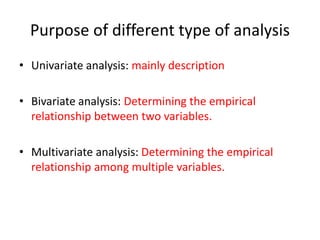 Purpose of different type of analysis
• Univariate analysis: mainly description
• Bivariate analysis: Determining the empi...