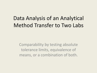 Data Analysis of an Analytical Method Transfer to Two Labs Comparability by testing absolute tolerance limits, equivalence of means, or a combination of both. 