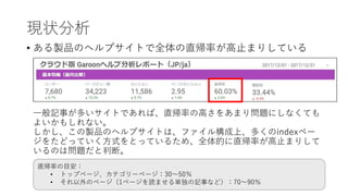 現状分析
• ある製品のヘルプサイトで全体の直帰率が高止まりしている
一般記事が多いサイトであれば、直帰率の高さをあまり問題にしなくても
よいかもしれない。
しかし、この製品のヘルプサイトは、ファイル構成上、多くのindexペー
ジをたどっていく方式をとっているため、全体的に直帰率が高止まりして
いるのは問題だと判断。
直帰率の目安：
• トップページ、カテゴリーページ：30～50％
• それ以外のページ（1ページを読ませる単独の記事など）：70～90％
 