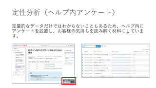 定性分析（ヘルプ内アンケート）
定量的なデータだけではわからないこともあるため、ヘルプ内に
アンケートを設置し、お客様の気持ちを読み解く材料にしていま
す。
 