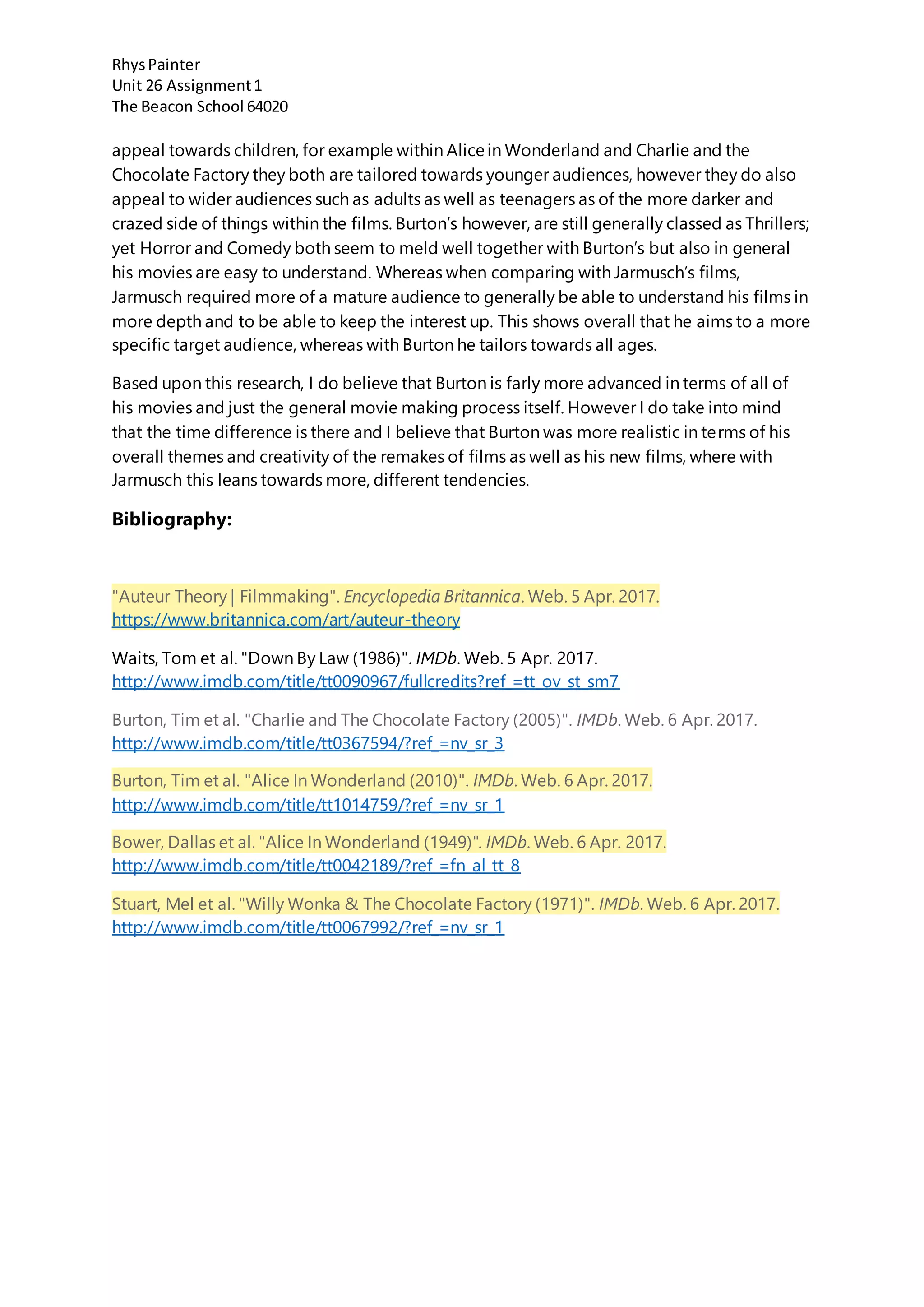 RhysPainter
Unit 26 Assignment1
The Beacon School 64020
appeal towards children, for example within Alicein Wonderland and Charlie and the
Chocolate Factory they both are tailored towards younger audiences, however they do also
appeal to wider audiences such as adults as well as teenagers as of the more darker and
crazed side of things within the films. Burton’s however, are still generally classed as Thrillers;
yet Horror and Comedy both seem to meld well together with Burton’s but also in general
his movies are easy to understand. Whereas when comparing with Jarmusch’s films,
Jarmusch required more of a mature audience to generally be able to understand his films in
more depth and to be able to keep the interest up. This shows overall that he aims to a more
specific target audience, whereas with Burton he tailors towards all ages.
Based upon this research, I do believe that Burton is farly more advanced in terms of all of
his movies and just the general movie making process itself. However I do take into mind
that the time difference is there and I believe that Burton was more realistic in terms of his
overall themes and creativity of the remakes of films as well as his new films, where with
Jarmusch this leans towards more, different tendencies.
Bibliography:
"Auteur Theory | Filmmaking". Encyclopedia Britannica. Web. 5 Apr. 2017.
https://www.britannica.com/art/auteur-theory
Waits, Tom et al. "Down By Law (1986)". IMDb. Web. 5 Apr. 2017.
http://www.imdb.com/title/tt0090967/fullcredits?ref_=tt_ov_st_sm7
Burton, Tim et al. "Charlie and The Chocolate Factory (2005)". IMDb. Web. 6 Apr. 2017.
http://www.imdb.com/title/tt0367594/?ref_=nv_sr_3
Burton, Tim et al. "Alice In Wonderland (2010)". IMDb. Web. 6 Apr. 2017.
http://www.imdb.com/title/tt1014759/?ref_=nv_sr_1
Bower, Dallas et al. "Alice In Wonderland (1949)". IMDb. Web. 6 Apr. 2017.
http://www.imdb.com/title/tt0042189/?ref_=fn_al_tt_8
Stuart, Mel et al. "Willy Wonka & The Chocolate Factory (1971)". IMDb. Web. 6 Apr. 2017.
http://www.imdb.com/title/tt0067992/?ref_=nv_sr_1
 