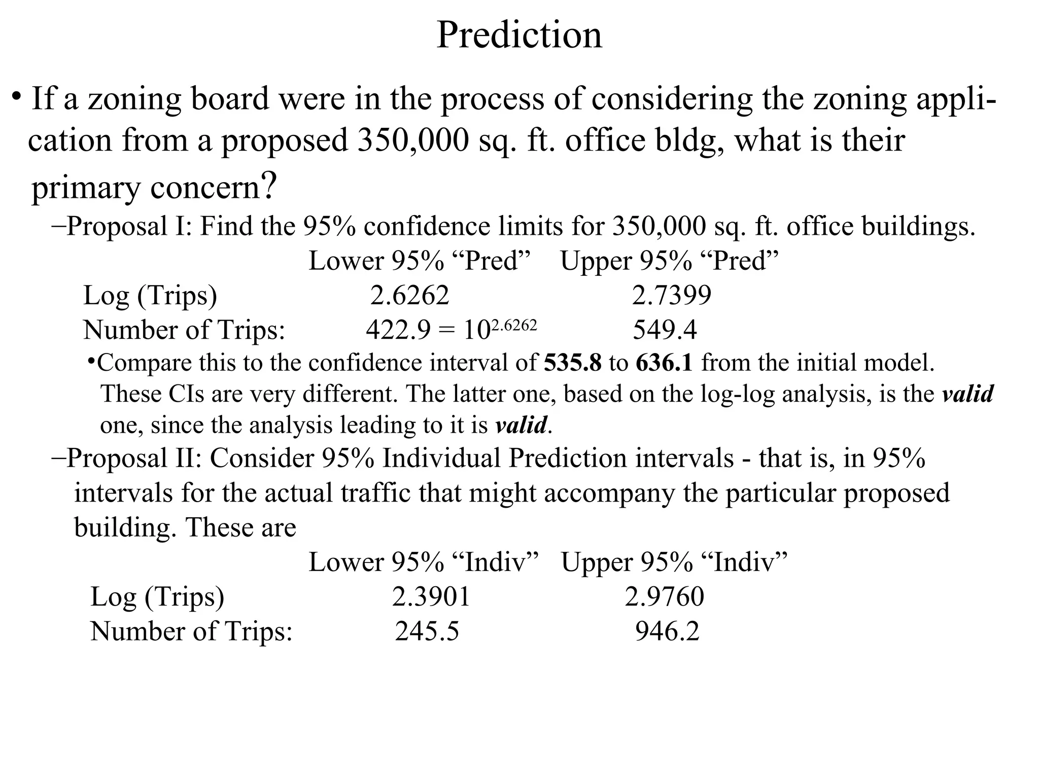 Prediction If a zoning board were in the process of considering the zoning appli- cation from a proposed 350,000 sq. ft. office bldg, what is their primary concern ? Proposal I: Find the 95% confidence limits for 350,000 sq. ft. office buildings.  Lower 95% “Pred”  Upper 95% “Pred”  Log (Trips)  2.6262  2.7399  Number of Trips:  422.9 = 10 2.6262   549.4  Compare this to the confidence interval of  535.8  to  636.1  from the initial model.  These CIs are very different. The latter one, based on the log-log analysis, is the  valid  one, since the analysis leading to it is  valid .  Proposal II: Consider 95% Individual Prediction intervals - that is, in 95% intervals for the actual traffic that might accompany the particular proposed  building. These are  Lower 95% “Indiv”  Upper 95% “Indiv” Log (Trips)  2.3901  2.9760  Number of Trips:  245.5  946.2  