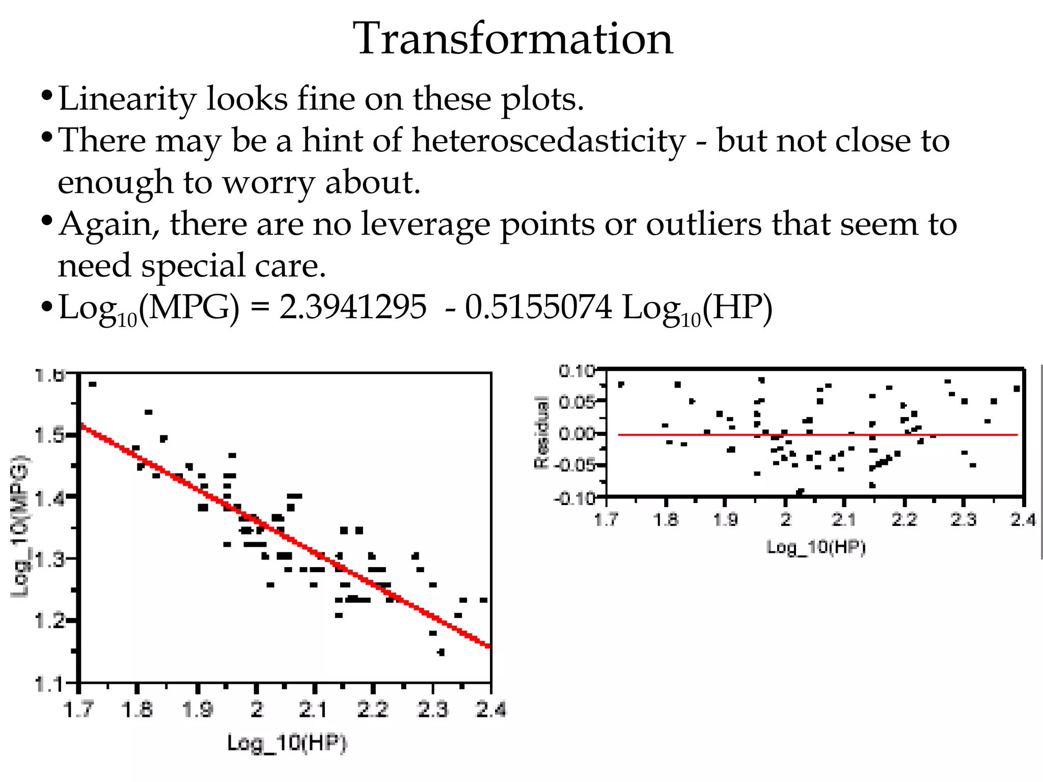 Transformation Linearity looks fine on these plots.  There may be a hint of heteroscedasticity - but not close to enough to worry about.  Again, there are no leverage points or outliers that seem to need special care.  Log 10 (MPG) = 2.3941295  - 0.5155074 Log 10 (HP) 
