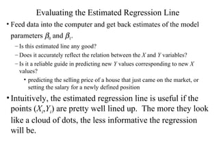 Evaluating the Estimated Regression Line Feed data into the computer and get back estimates of the model parameters   0  and   1 .   Is this estimated line any good? Does it accurately reflect the relation between the  X  and  Y  variables?  Is it a reliable guide in predicting new  Y  values corresponding to new  X  values?  predicting the selling price of a house that just came on the market, or setting the salary for a newly defined position Intuitively, the estimated regression line is useful if the points ( X i , Y i ) are pretty well lined up.  The more they look like a cloud of dots, the less informative the regression will be. 
