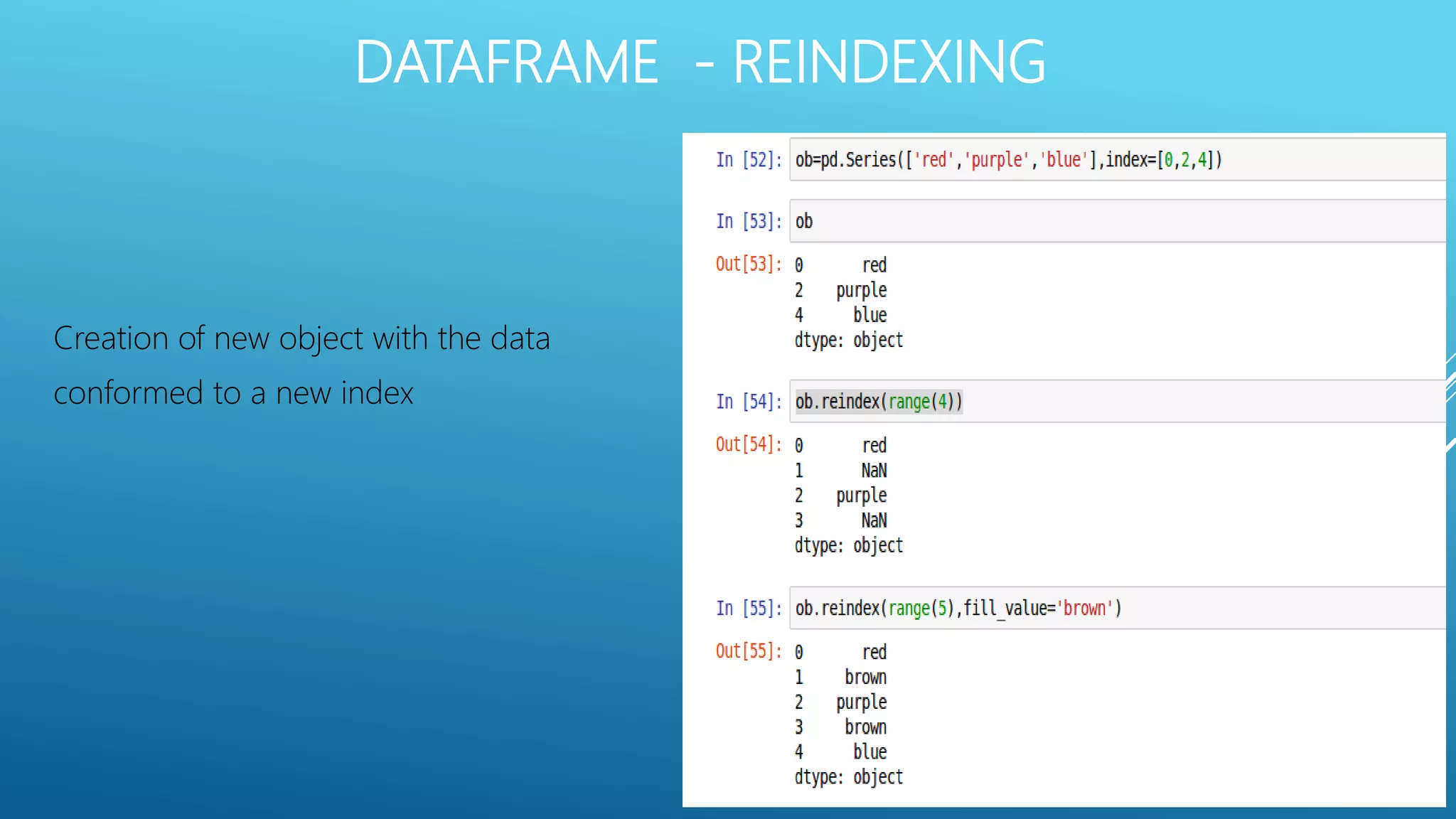 DATAFRAME - REINDEXING
Creation of new object with the data
conformed to a new index
 