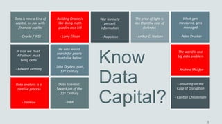 1
Know
Data
Capital?
What gets
measured, gets
managed
- Peter Drucker
The price of light is
less than the cost of
darkness
- Arthur C. Nielsen
War is ninety
percent
information
- Napoleon
In God we Trust.
All others must
bring Data
- Edward Deming
Building Oracle is
like doing math
puzzles as a kid
- Larry Ellison
He who would
search for pearls
must dive below
- John Dryden, poet,
17th century
Data Scientist:
Sexiest job of the
21st Century
- HBR
Consulting on the
Cusp of Disruption
- Clayton Christensen
Data is now a kind of
capital, on par with
financial capital
- Oracle
Data analysis is a
creative process
- Tableau
The world is one
big data problem
- Andrew McAfee
 