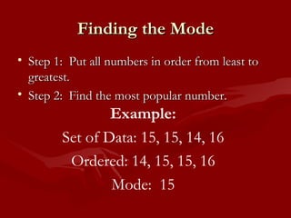 Finding the Mode Step 1:  Put all numbers in order from least to greatest. Step 2:  Find the most popular number. Example: Set of Data: 15, 15, 14, 16 Ordered: 14, 15, 15, 16 Mode:  15 