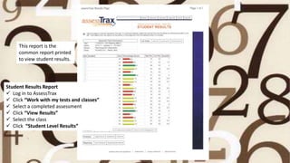 This report is the
common report printed
to view student results.
Student Results Report
 Log in to AssessTrax
 Click “Work with my tests and classes”
 Select a completed assessment
 Click “View Results”
 Select the class
 Click “Student Level Results”
 