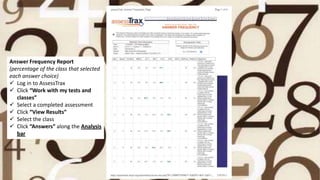 Answer Frequency Report
(percentage of the class that selected
each answer choice)
 Log in to AssessTrax
 Click “Work with my tests and
classes”
 Select a completed assessment
 Click “View Results”
 Select the class
 Click “Answers” along the Analysis
bar
 