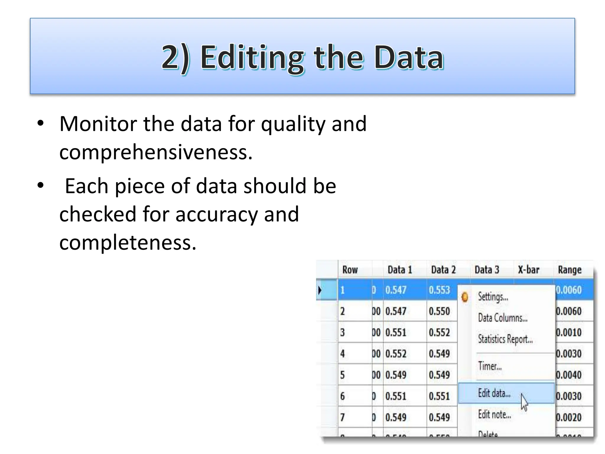 • Monitor the data for quality and
comprehensiveness.
• Each piece of data should be
checked for accuracy and
completeness.
 